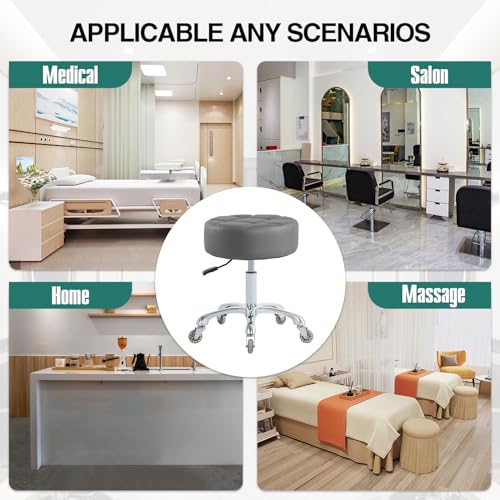 Ainilaily Rolling Stool with Wheels Adjustable Height, Roller Stool for Massage Medical Tattoo Spa Heavy Duty Swivel Desk (Super Thick Cushion, Grey) - color: Grey
