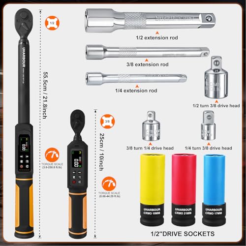 Uharbour Digital Torque Wrench Set, 1/2"&3/8" Torque Wrench Digital with Dual Direction Ratchet, 3.8-250.8 Ft.lb & 0.66-44.29Ft.lbs Range, ±1% Accuracy with Vibration, Buzzer and LED Alert