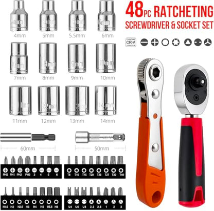 48Pcs 1/4" Mini Ratchet Socket Wrench and Screwdriver Set & Bits | 72-Tooth Ratchet Wrench , Right Angle Ratchet Screwdriver & extension for Auto, motorcycle, Bike Repair & Tight Space DIY