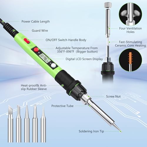 Soldering Iron Kit, 80W 110V LCD Digital Solder Iron Pen with Ceramic Heater, Portable Welding Tools with 5pcs Tips, Stand, Solders Wire, Sponge, Paste, for Metal,Electric Repairs, DIY, Green