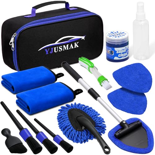 Windshield Cleaning Tool, 13PCS Car Detailing Kit Interior Cleaner, Car Window Cleaner with Extendable Handle, Car Interior Cleaning Kit with Detailing Brushes for Women Men (Blue) - color: blue