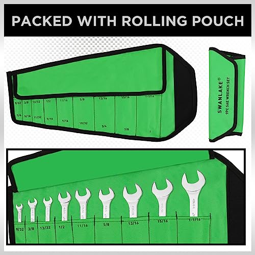 SWANLAKE 9-piece Super-Thin Open End Wrench Set, SAE 1/4", 9/32", 5/16", 3/8", 11/32", 13/32", 7/16", 1/2", 9/16", 11/16", 5/8", 19/32", 3/4", 13/16", 7/8", 15/16", 1", 1-1/16" with Rolling Pouch - style: 9PCS SAE Super-Thin