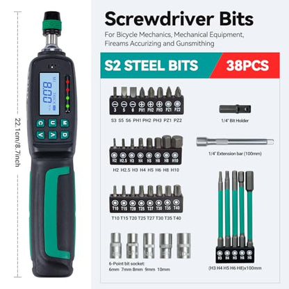 38-Piece Digital Torque Screwdriver Set (0.3-8 Nm) - 1/4" Quick-Release Hex Head, Buzzer/LED Overload Alerts - Screwdriver Kit for Bicycle Mechanic & Home Repair