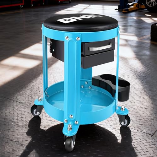 DNA Motoring Round Mechanics Roller Seat Creeper Stool with Padded Cushion, Tool Storage Drawer & Tray, 300 Lbs Max Weight Capacity, Blue, TOOLS-00492 - color: Blue
