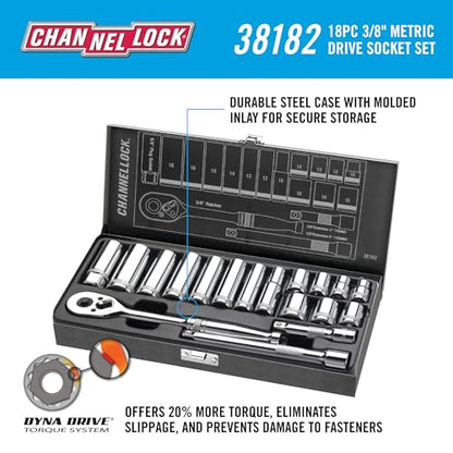 Channellock 38182 3/8" Drive Metric Socket set, 18 Piece - size: 18 Piece Metric - 3/8" Drive