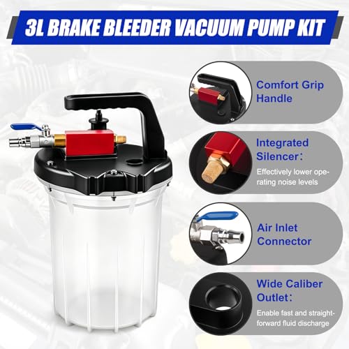 3L Vacuum Brake Bleeder Pump Kit, 1L Refilling Bottle & Adapters for Automotive Bleeding, One-Person Operation Brake Bleeder Kit