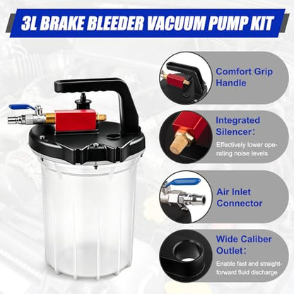 3L Vacuum Brake Bleeder Pump Kit, 1L Refilling Bottle & Adapters for Automotive Bleeding, One-Person Operation Brake Bleeder Kit