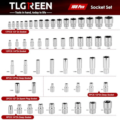 TLGREEN 108 Pcs Mechanic Socket Tool Kit,CR-V Steel Metric And 1/4" & 1/2" Ratchet set,Universal Joint,Extension Bars,Adapter,Quick Release Ratchet Wrench,Tool Box Set for Car Garage Dorm