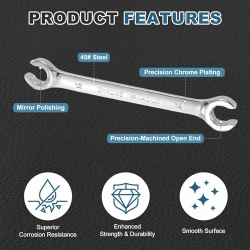 HARFINGTON 2 Pcs Flare Nut Wrench 13mm x 14mm Metric Double Open End Thick Spanner Mirror Polish Finish 45# Steel Brake Line Wrench For Fuel Tube Hose Transmission Line, Silver - size: 13mm x 14mm