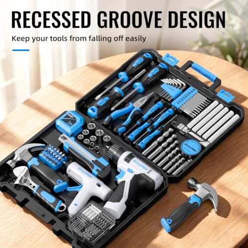 GRENPRO 188PC Blue Cordless Drill Tool Set for Wo&Men Tool Kit for Home Box | All-In-One Basic Household Tool Box, Glue Gun Accessories DIY, CR-V Steel, Sturdy Storage Case Auto Repair Kit For Men - style: Blue Power Drill Set 188PC