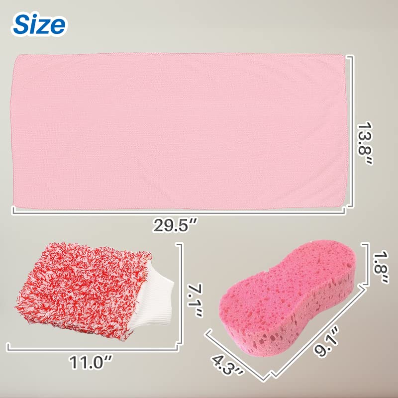 3 Pcs Pink Wash Sponge Microfiber Polishing Towel Exterior Car Cleaning Tools Wash Mitt Lint Free Accessories Set for Car Detailing - color: Pink