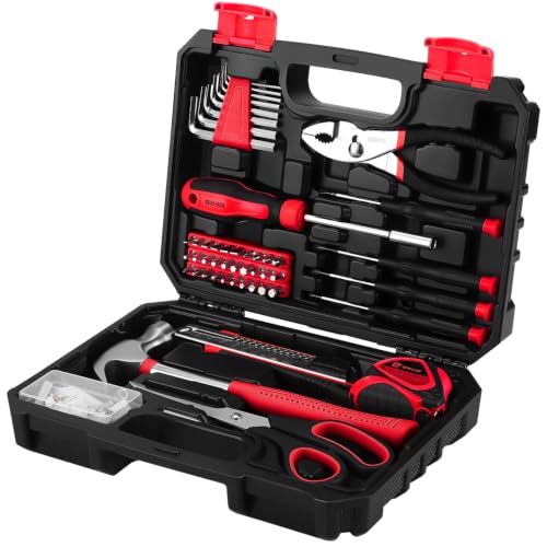 DEKOPRO 50 Piece General Household Hand Tool Kit with Plastic Toolbox Storage Case, All Purpose Home Tool Kit Includes Essential Tools for Office College Repairs - Red - color: Red-50pcs