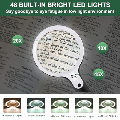 Magnifying Glass with 48 LED Light, 10X 20X 45X Handheld Illuminated Lighted Magnifier with 5 Light Modes Rechargeable Magnifying Glass for Seniors Reading Inspection (White & Black) - color: Black Handle