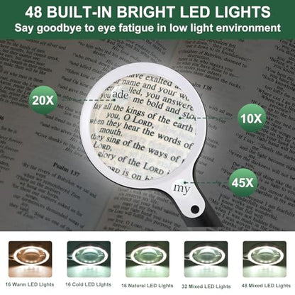 Magnifying Glass with 48 LED Light, 10X 20X 45X Handheld Illuminated Lighted Magnifier with 5 Light Modes Rechargeable Magnifying Glass for Seniors Reading Inspection (White & Black) - color: Black Handle