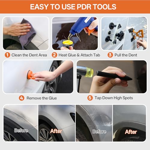 Paintless Dent Repair Kit for Car, PDR Dent Removal Tools with Dent Lifter & Pro Dent Puller Tabs, Auto Body Dent Puller for Car Dent Repair, Hail Damage Repair - color: Yellow