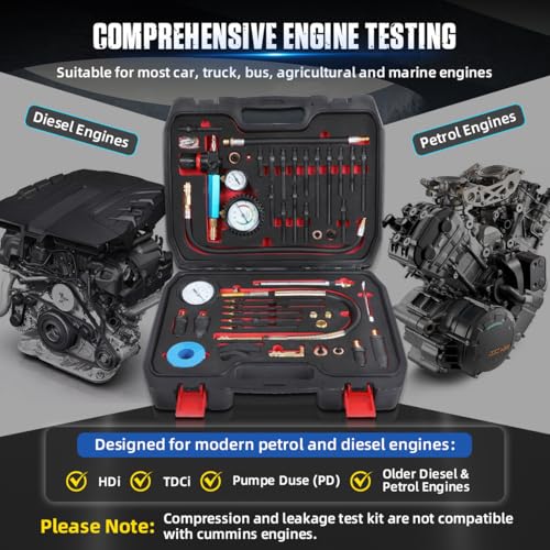 46PCS Compression and Leakage Test Kit Petrol & Diesel Compression Tester Kit Automotive Cylinder Leak Down Tester with Dual Gauge Engine Compression Tester Kit for HDI, TDCi, Pumpe Duse Engine