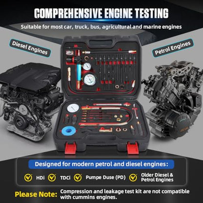 46PCS Compression and Leakage Test Kit Petrol & Diesel Compression Tester Kit Automotive Cylinder Leak Down Tester with Dual Gauge Engine Compression Tester Kit for HDI, TDCi, Pumpe Duse Engine