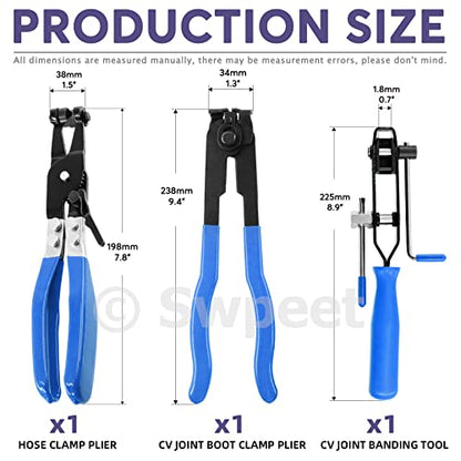 Swpeet 3Pcs Blue CV Joint Boot Clamp Pliers and Swivel Flat Band Hose Clamp Pliers Assortment Kit, Ear Boot Tie Car Band Tool Car Water Pipe Locking Automotive Hose - color: Blue