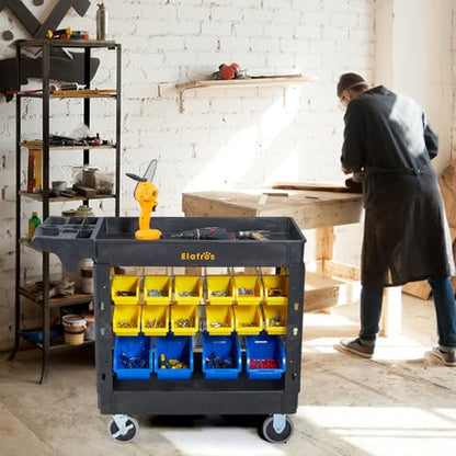 ELAFROS 2-Tier Heavy Duty Utility Cart with 32 Storage Bins, 40.7 x 17 in | 550 lbs Capacity, Deep Tub Shelves, Rolling Service Cart, Locking Wheels, Tool Organizer, Workshop Garage Office Storage Bins