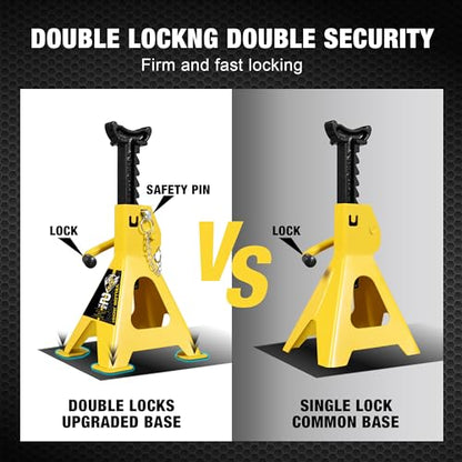 YELLOW JACKET 2 Ton Jack Stands with Double Locking and Large Foot Base for Lifting Car, Heavy Duty Steel, 4,400 lb Capacity, Yellow, 1 Pair - color: yellow, size: 2 ton double locking and upgraded base