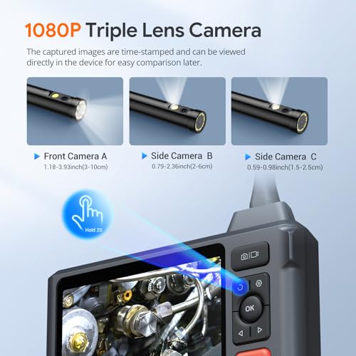 Triple Lens Endoscope Camera with Light, DEPSTECH 5" IPS Screen Endoscope Camera, 1080P Sewer Camera & Split Screen, 180° Rotation, IP67 Snake Cable, 8 Lights, Gadget for Automotive Mechanical Repair - size: 16.5FT