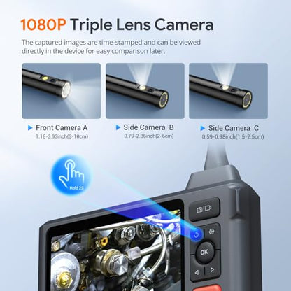 Triple Lens Endoscope Camera with Light, DEPSTECH 5" IPS Screen Endoscope Camera, 1080P Sewer Camera & Split Screen, 180° Rotation, IP67 Snake Cable, 8 Lights, Gadget for Automotive Mechanical Repair - size: 16.5FT