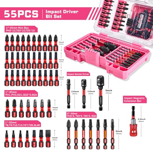 Geinxurn 55Pcs S2 Steel Magnetic Impact Bit Set | Phillips, slotted, square, Torx bits; impact-rated holder & socket adapter, pink case - style: STKB055A-PK