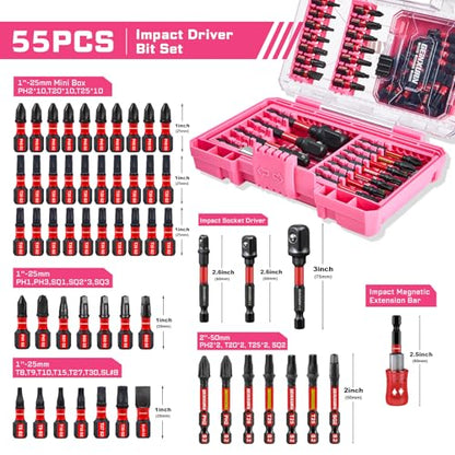 Geinxurn 55Pcs S2 Steel Magnetic Impact Bit Set | Phillips, slotted, square, Torx bits; impact-rated holder & socket adapter, pink case - style: STKB055A-PK
