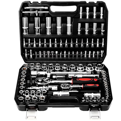 TLGREEN 108 Pcs Mechanic Socket Tool Kit,CR-V Steel Metric And 1/4" & 1/2" Ratchet set,Universal Joint,Extension Bars,Adapter,Quick Release Ratchet Wrench,Tool Box Set for Car Garage Dorm