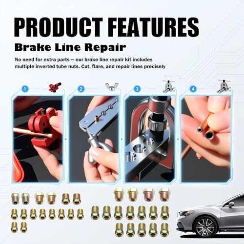 Brake Line Flaring Tool Kit,Professional Brake Line Kit with 25Ft 3/16" & 1/4" Copper Plated Steel Tubing & Tube Cutter,Rustproof Brakes Lines Repair Kits for Hydraulic Systems