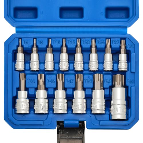 Mayouko 14PCS Torx Bit Socket Set, T6-T60, 1/4-Inch, 3/8-Inch and 1/2-Inch Drive, S2 and Cr-V Steel, Star Bits Socket Set