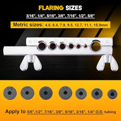 11-Piece Flaring Tool Kit for 45° Single & Double Flares | Brake Line Flare Tool with 7 Adapters, Tube Cutter Deburring Tool for Hydraulic System, Copper Tubing Flare Kit