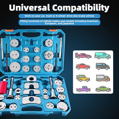 8MILELAKE 35pcs Disc Brake Caliper Tool Kit, Heavy Duty Disc Brake Piston Caliper Compressor Rewind Tool for Brake Pad Replacement, Fits Most American, European, Japanese Autos (Blue) - color: Blue