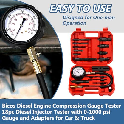 Diesel Engine Compression Tester Kit with 0-1000 psi Gauge and Adapters Cylinder Pressure Test Tool Kit Diesel Injector Tester Check Cylinders in Diesel Car & Truck