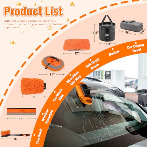 LAANPOLE 16FT Car Wash Brush with Long Handle, Car Cleaning Kit with Soft Bristle Wash Brush, Microfiber Cleaning Mop, Window Squeegee, Mitt, Wheel Brush, Bucket, Drying Towel for RV, Truck, Boat - size: 16FT