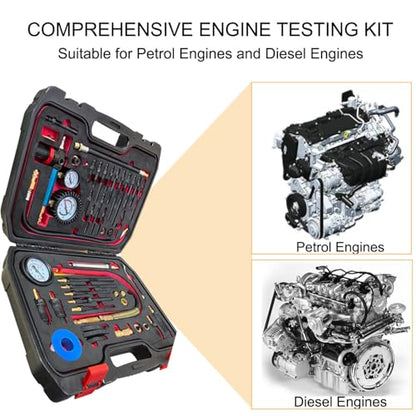 Professional 46-Piece Diesel & Petrol Engine Compression and Leak Down Tester Kit | Dual Gauge Diagnostic Tool for HDI, TDCi, Pumpe Duse Engines | Automotive Cylinder Leak Maintenance Test