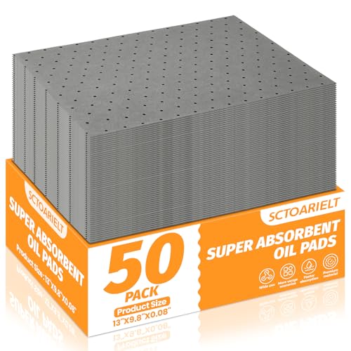 50 Pack Oil and Water Absorbent Pads, 10" x 13" Universal Heavy Duty Dimpled Garage Mats | (Gray) Polypropylene Oil Spill Mat, Use in Home Garage, Workshop, Basement, Workbench & Under Sink, Use in Spill Control