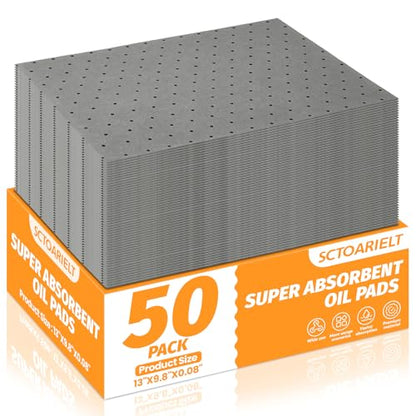50 Pack Oil and Water Absorbent Pads, 10" x 13" Universal Heavy Duty Dimpled Garage Mats | (Gray) Polypropylene Oil Spill Mat, Use in Home Garage, Workshop, Basement, Workbench & Under Sink, Use in Spill Control