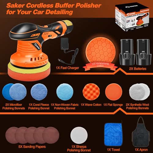 Saker Cordless Buffer Polisher, 6 Inch Fast Charging Portable Car Polishing Kit with 2PCS 12V 2000mAh Batteries, Polisher for Car Detailing Polishing Waxing - size: Buffer Polisher+2 Batteries