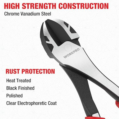 WORKPRO 8 Inch High Leverage Diagonal Pliers, CRV Steel & Anti-Slip Handle | Heavy Duty Wire Cutters / Diagonal Cutters for Cutting Copper, Brass, Iron, Aluminum & Steel Wires