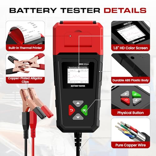 Car Battery Tester with Printer 6V 12V 24V 100-2000CCA Battery Load Tester | Compatible for Lead-Acid, AGM, GEL, EFB Batteries, Automotive Digital Battery Analyzer for Car, Truck, Motorcycle, ATV, Boat - color: Black + Red