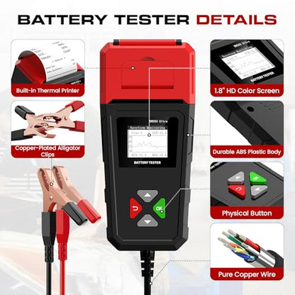 Car Battery Tester with Printer 6V 12V 24V 100-2000CCA Battery Load Tester | Compatible for Lead-Acid, AGM, GEL, EFB Batteries, Automotive Digital Battery Analyzer for Car, Truck, Motorcycle, ATV, Boat - color: Black + Red