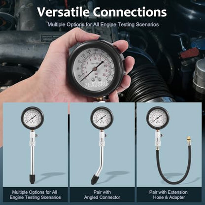 Engine Compression Tester Kit 8PCS, 0-300 PSI Cylinder Pressure Test Tool for Gasoline Engines on Cars, Motorcycles, ATVs & Small Engines with Dual Scale Gauge and Adapters (Red-8PC)