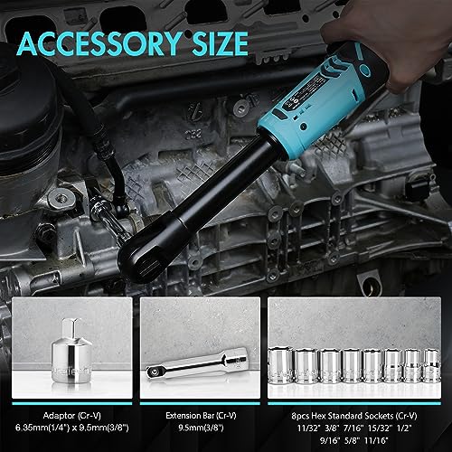 DURATECH Extended Cordless Ratchet Wrench, 3/8" 12V 44 Ft-Lbs Long Neck Electric Ratchet Wrench with 2-Pack 2.0Ah Li-Ion Battery, 1 Hour Fast Charger, 10 Sockets Accessories & Variable Speed Trigger - style: Extended Head