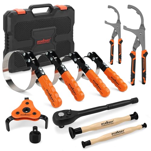 11-Piece Oil Filter Wrench Set with Storage Case - Swivel Wrenches Fit 2-3/4" to 5-1/4", Adjustable Filter Pliers (9" & 12"), Valve Lapper Set, 3-Jaw Socket, Ratchet Handle for Garage, Roadside Repair
