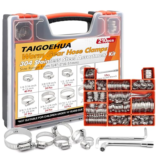 210PCS Stainless Steel Hose Clamps Assortment Kit, 1/4"-2"(6-51mm) 304 Worm Gear Heavy Duty Clamp Set, Radiator Clamps for Automotive Fuel Line Plumbing Pipe, with 2 Tools - size: 210 PCS