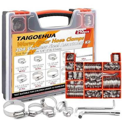 210PCS Stainless Steel Hose Clamps Assortment Kit, 1/4"-2"(6-51mm) 304 Worm Gear Heavy Duty Clamp Set, Radiator Clamps for Automotive Fuel Line Plumbing Pipe, with 2 Tools - size: 210 PCS