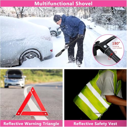 Car Emergency Kit with Portable Air Compressor - Roadside Assistance Emergency Kit with Jumper Cables, First Aid Kit, Auto Tool Set, Winter Safety Kit for Women, Men, Teen (Pink) - color: Pink