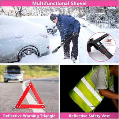 Car Emergency Kit with Portable Air Compressor - Roadside Assistance Emergency Kit with Jumper Cables, First Aid Kit, Auto Tool Set, Winter Safety Kit for Women, Men, Teen (Pink) - color: Pink