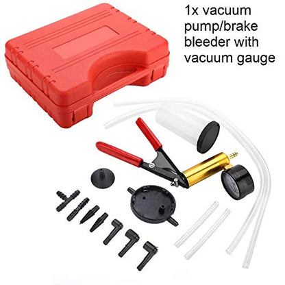 2 in 1 Brake Bleeder Kit Hand held Vacuum Pump Test Set,for Automotive with Sponge Protected Case,Adapters,One-Man Brake and Clutch Bleeding System,Vacuum Gauge and Brake Bleeder Kit (Red Case)